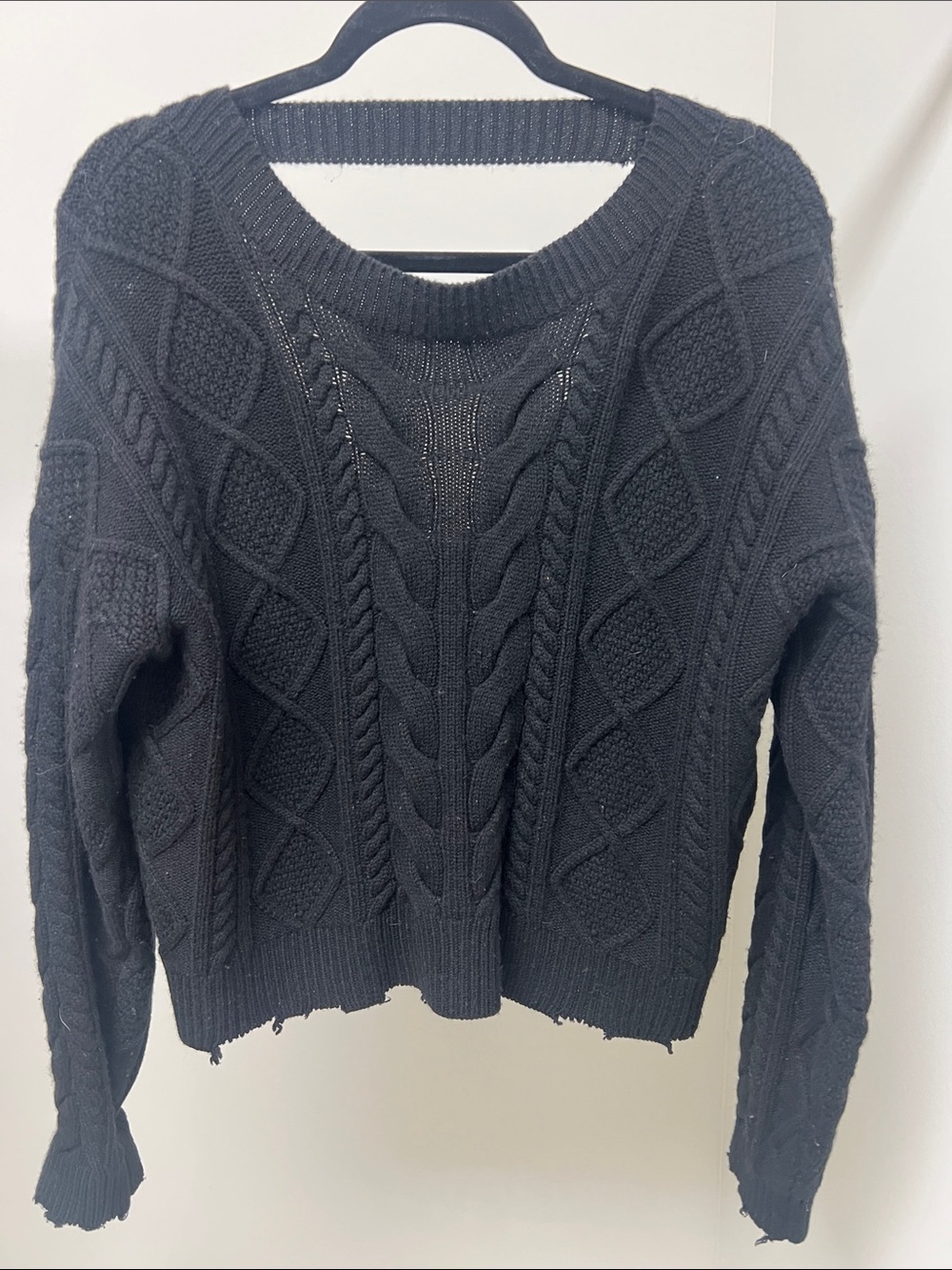 RtA Black Cable-Knit , keyhole back Crewneck Sweater